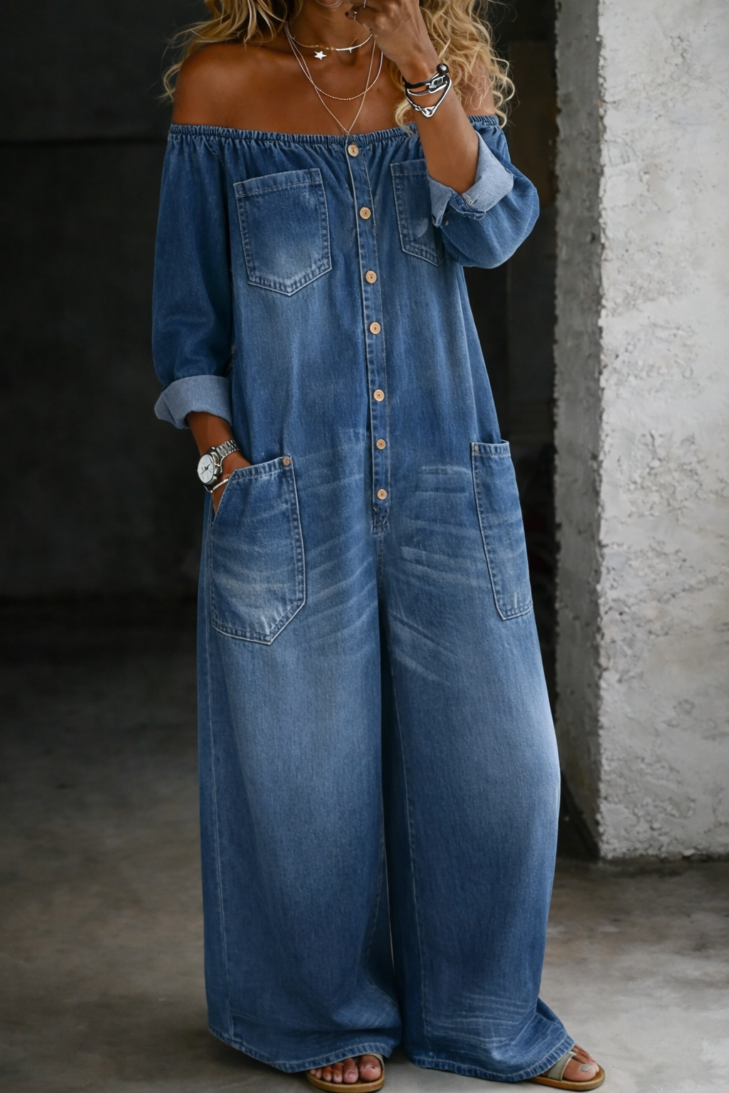 Elena off-shoulder denim jumpsuit in blue, full-length front view