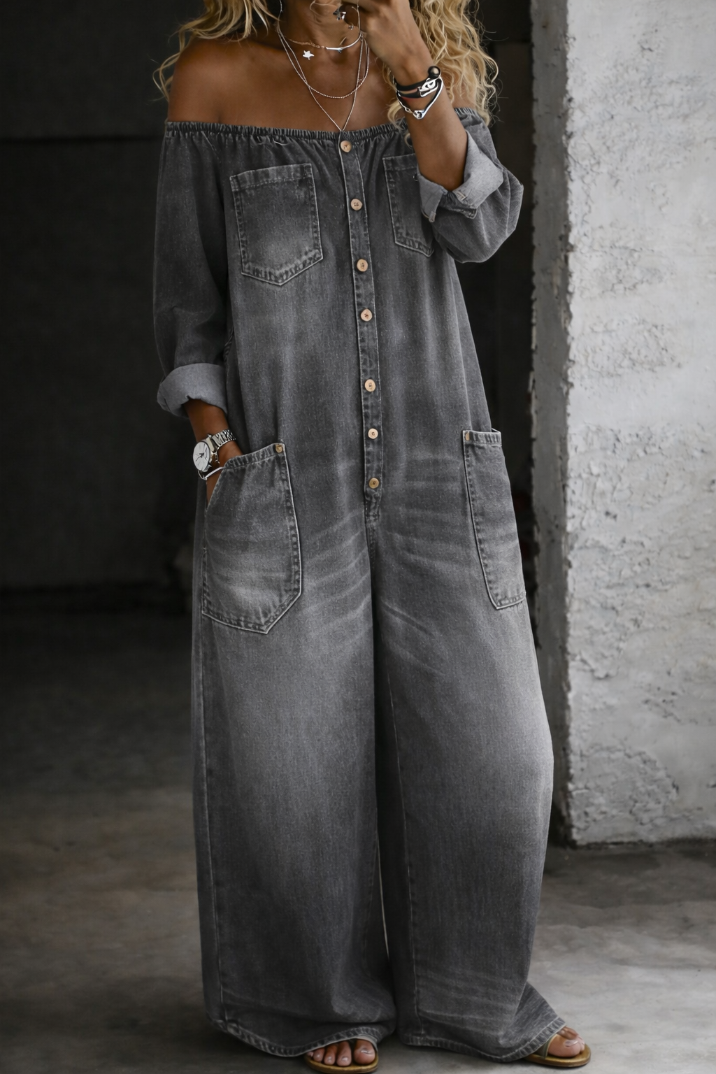 Elena off-shoulder denim jumpsuit in grey, full-length front view