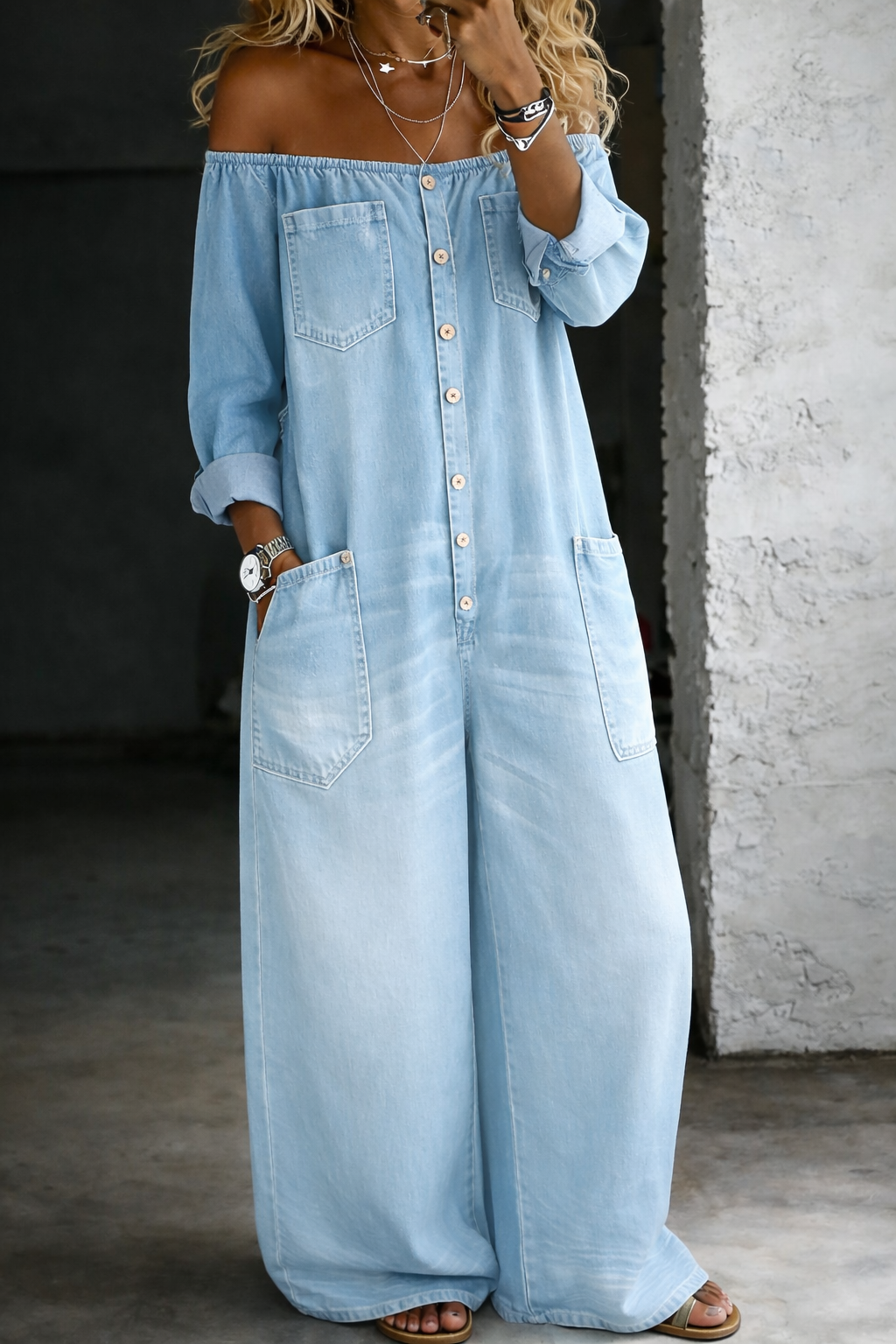Elena off-shoulder denim jumpsuit in light blue, full-length front view