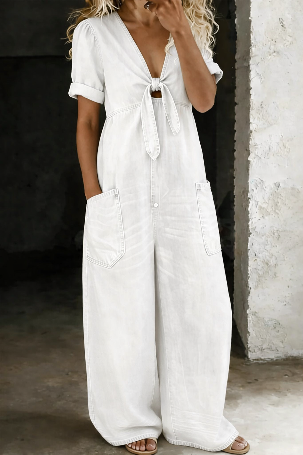 Maya V neck jumpsuit in white, full-length front view