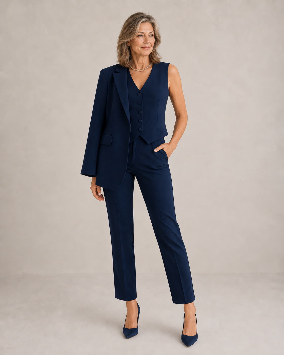 Henrietta elegant three-piece suit in navy, full-length front view with blazer over the shoulder