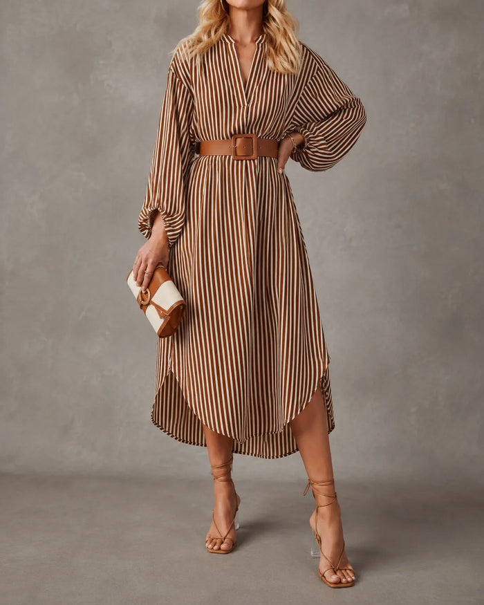 Selina belted striped midi dress in sand stripes, full-length front view
