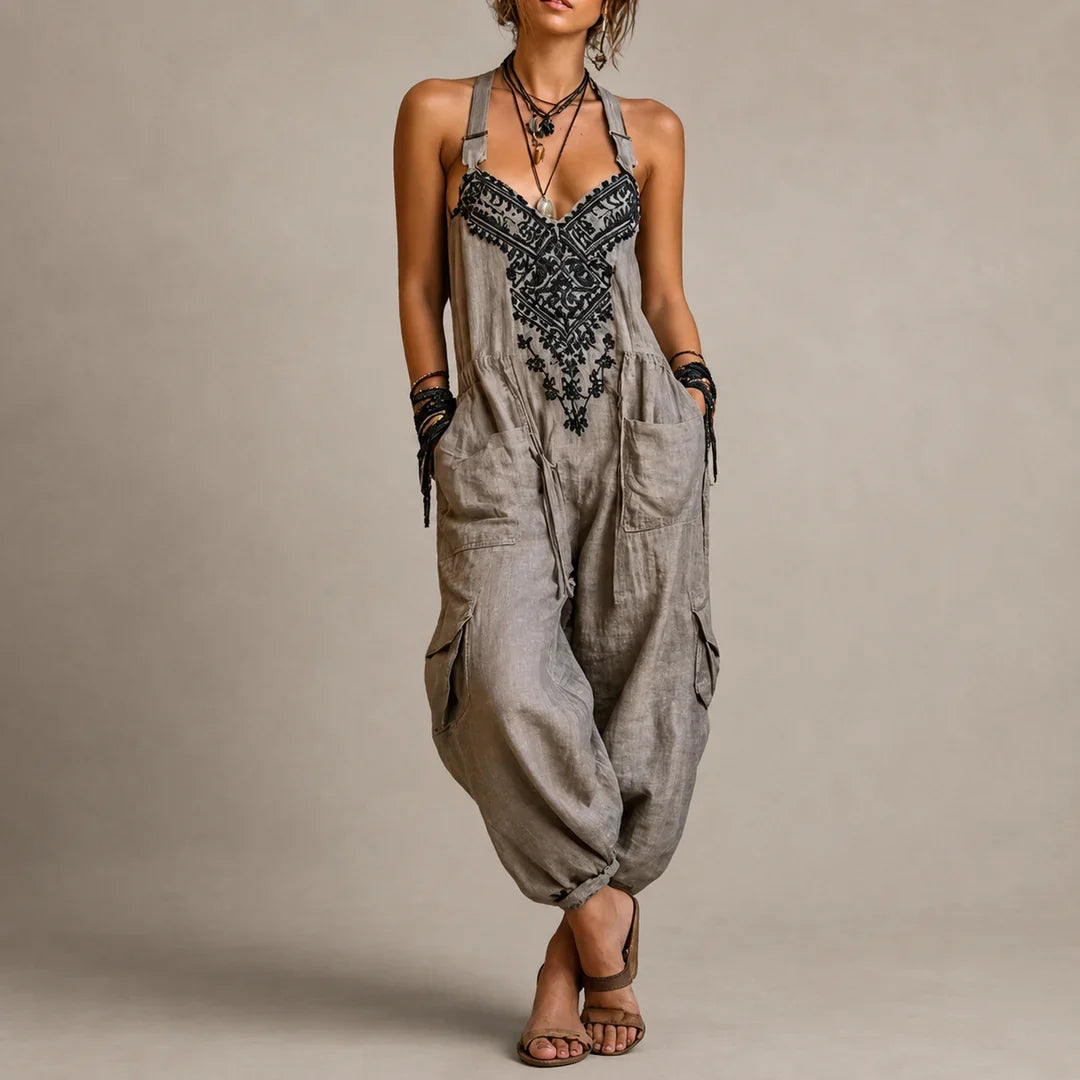 Wren bohemian harem jumpsuit in taupe grey, front view with embroidered bodice