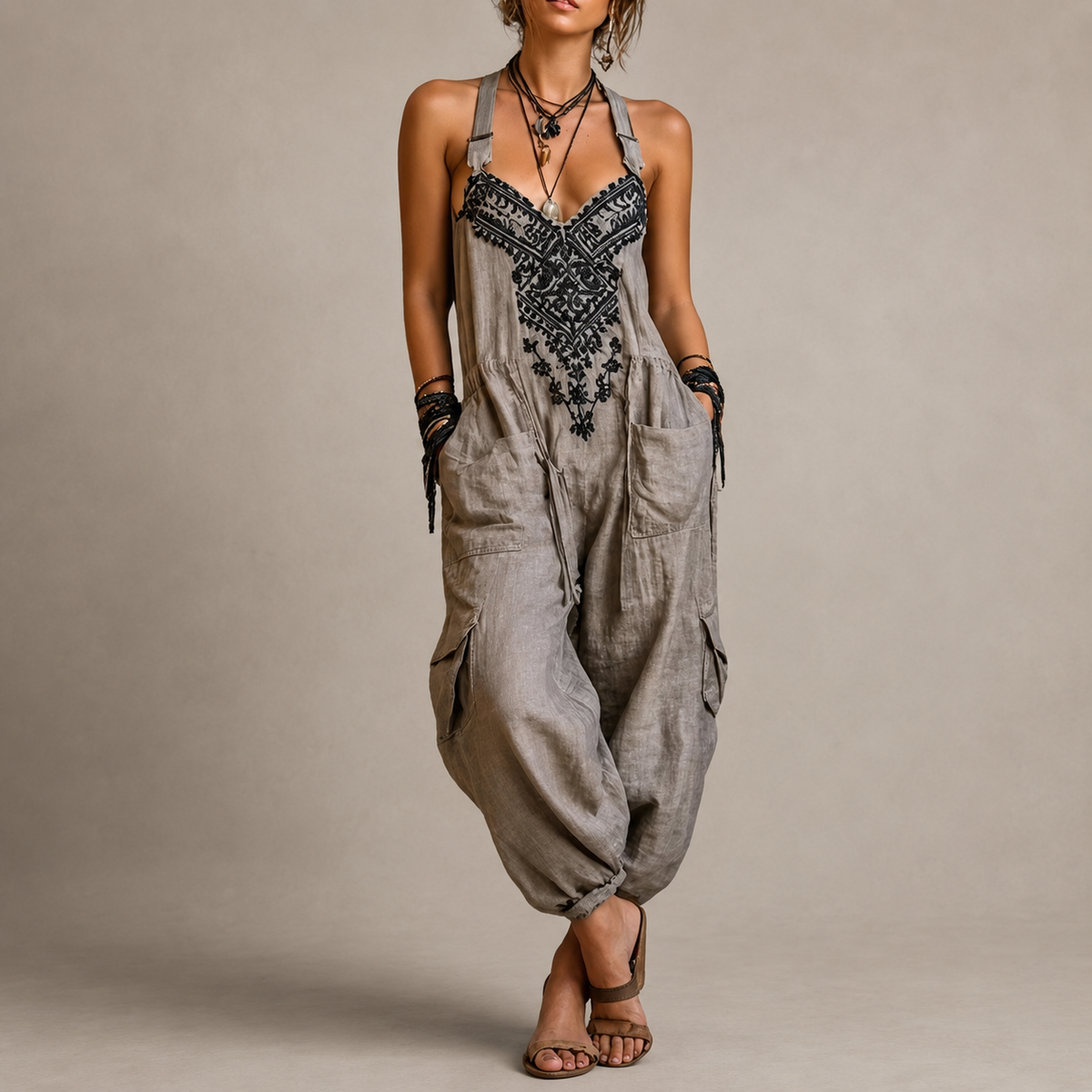 Willa embroidered boho jumpsuit in grey, walking view