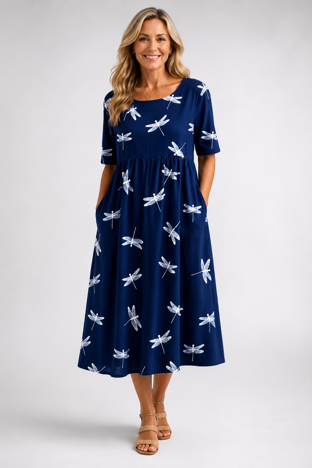 Evelina dragonfly midi dress in navy, full-length front view