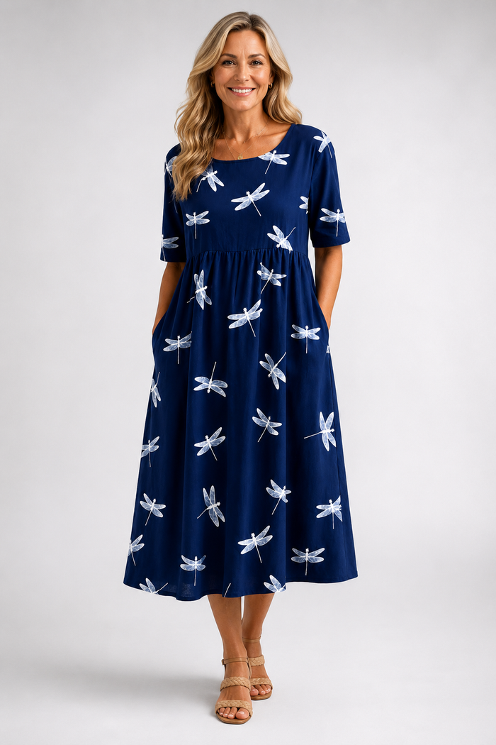 Evelina dragonfly midi dress in navy, full-length front view