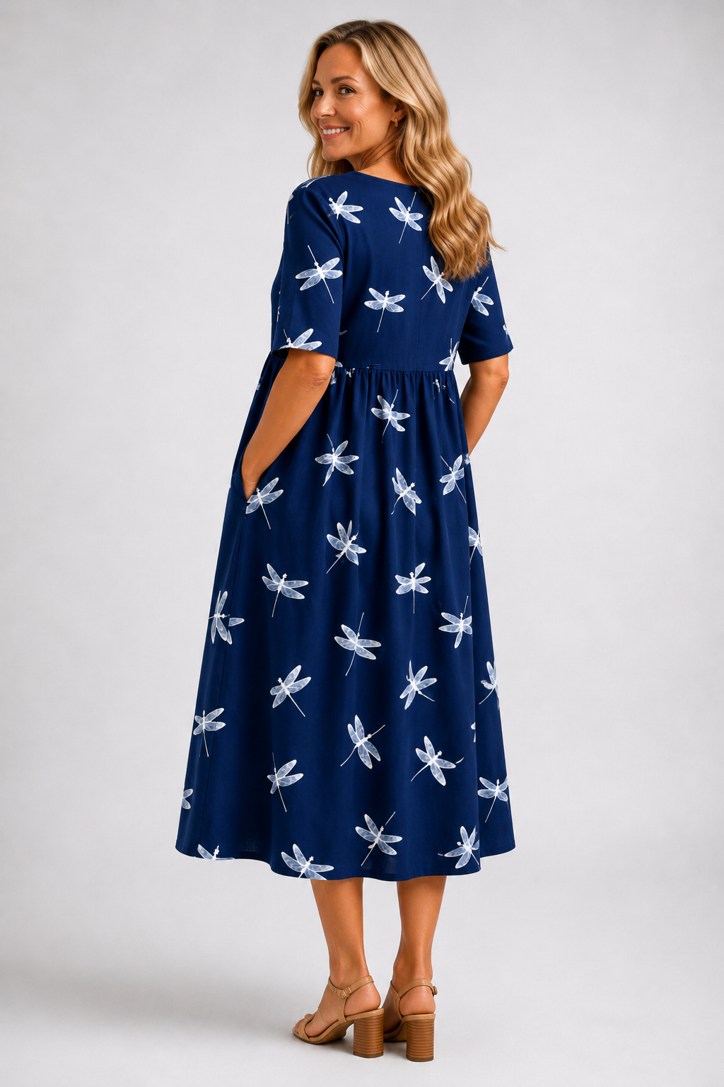 Evelina dragonfly midi dress in navy, back view