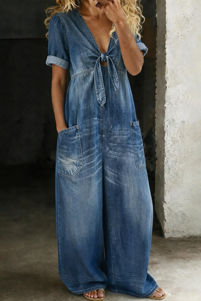 Maya V neck jumpsuit in blue, full-length front view with wide leg