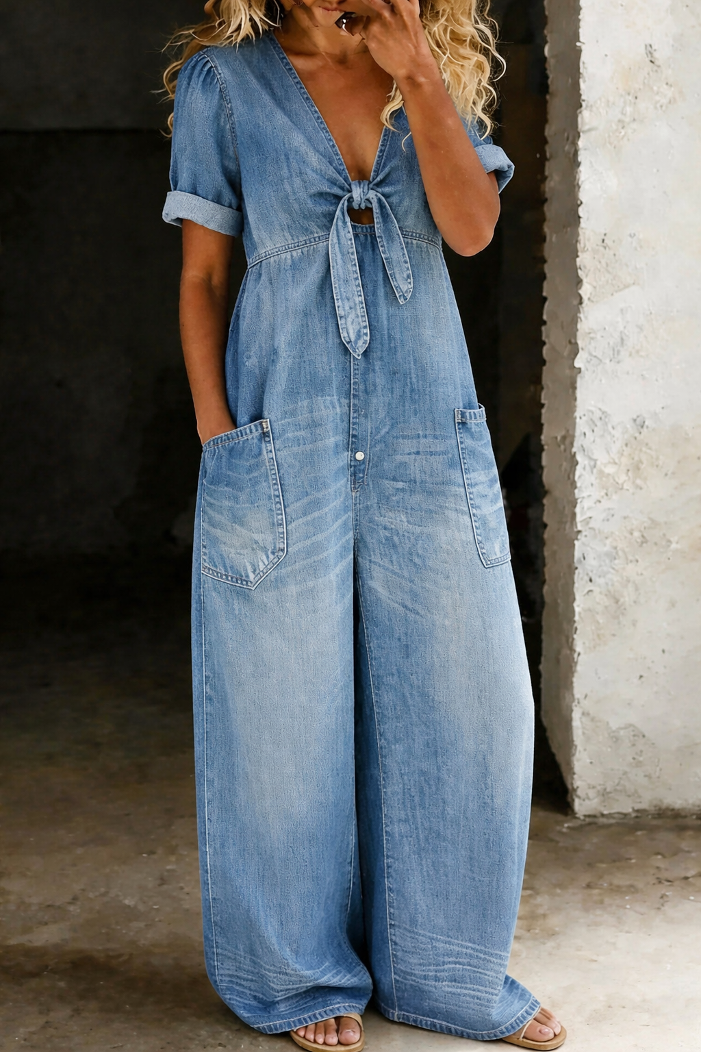 Maya V neck jumpsuit in light blue, front view with tie bow