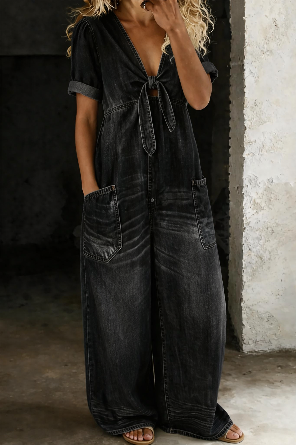 Maya V neck jumpsuit in black, full-length front view