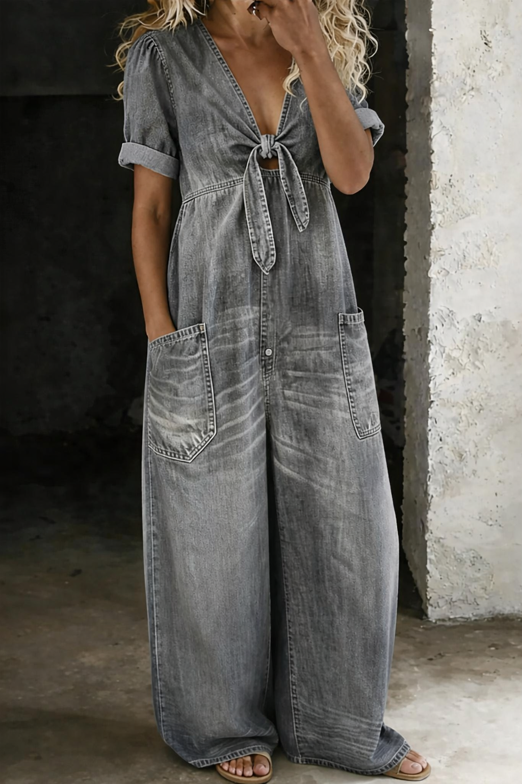 Maya V neck jumpsuit in grey, front view with patch pockets