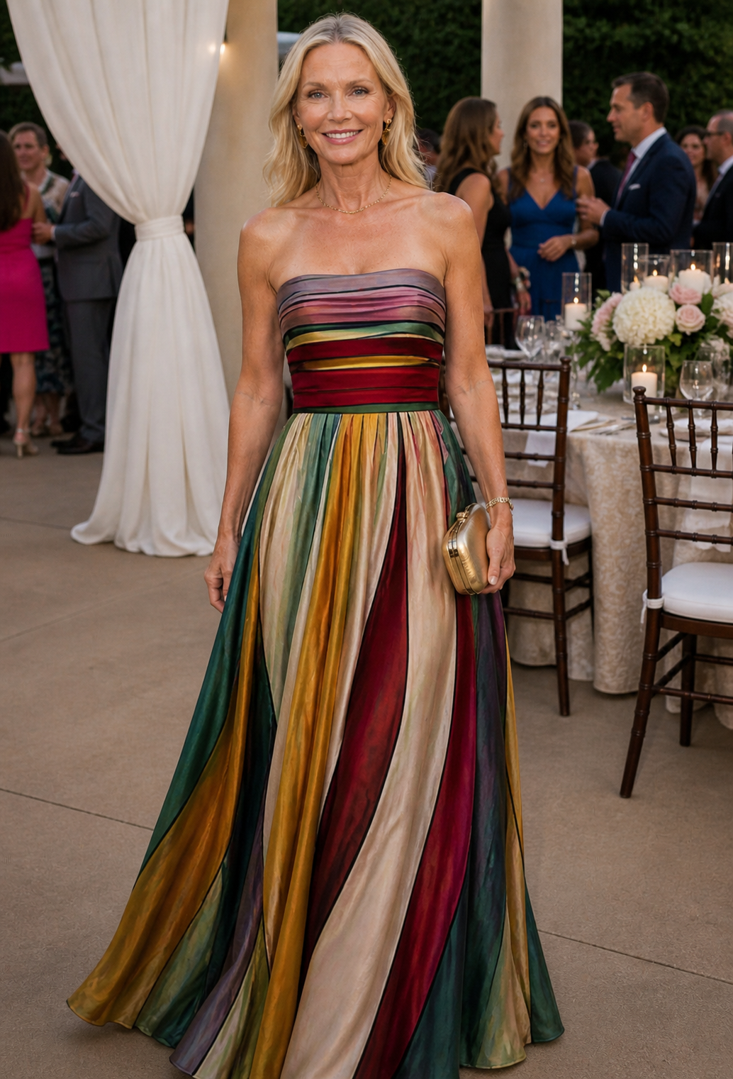 Multicoloured striped strapless dress worn at an outdoor wedding reception