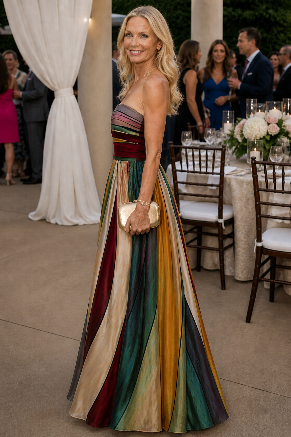 Striped A-line maxi dress, side view showing flared skirt