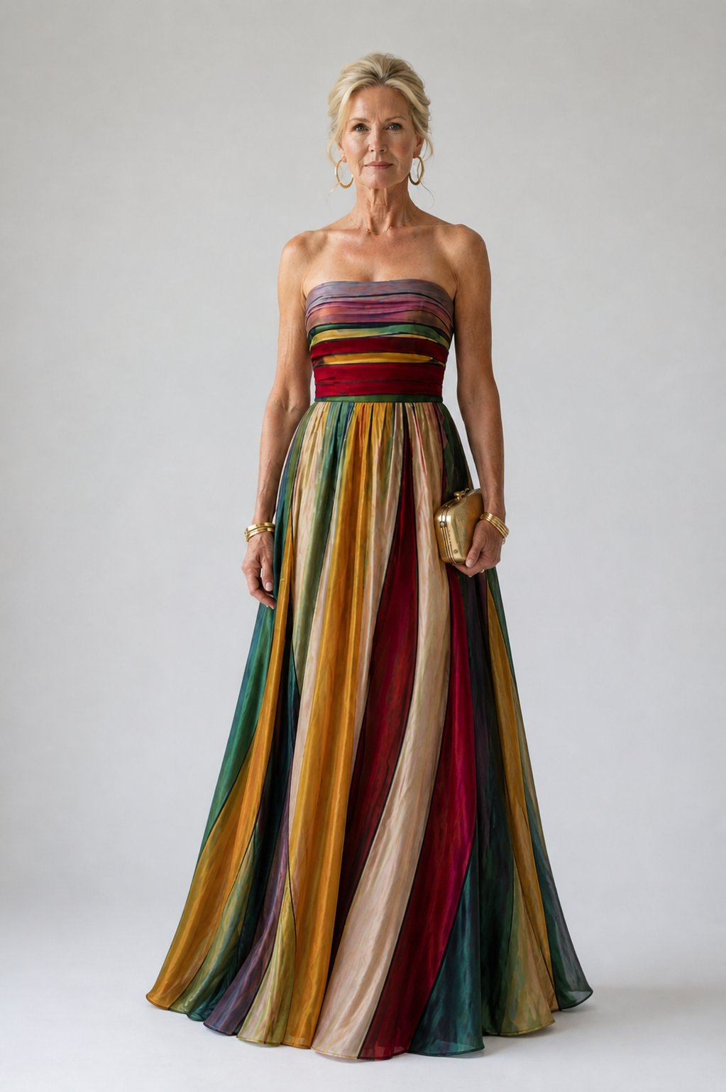Strapless striped maxi dress on model, front view with gold clutch