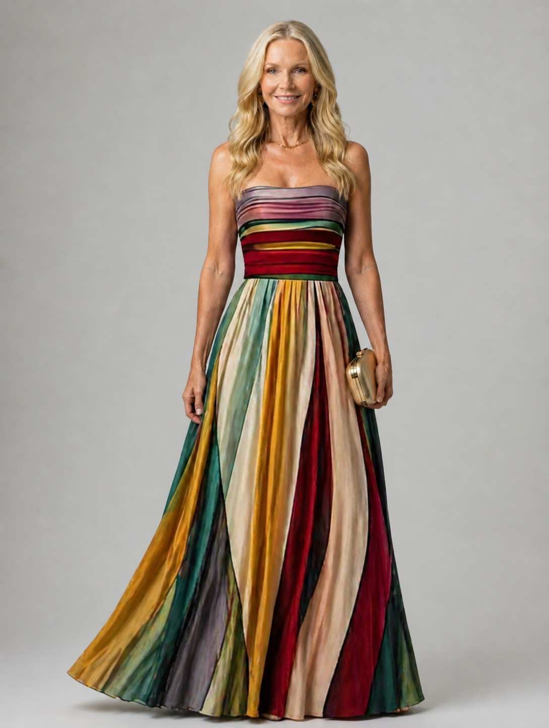 Strapless A-line maxi dress in multicoloured stripes, full-length front view