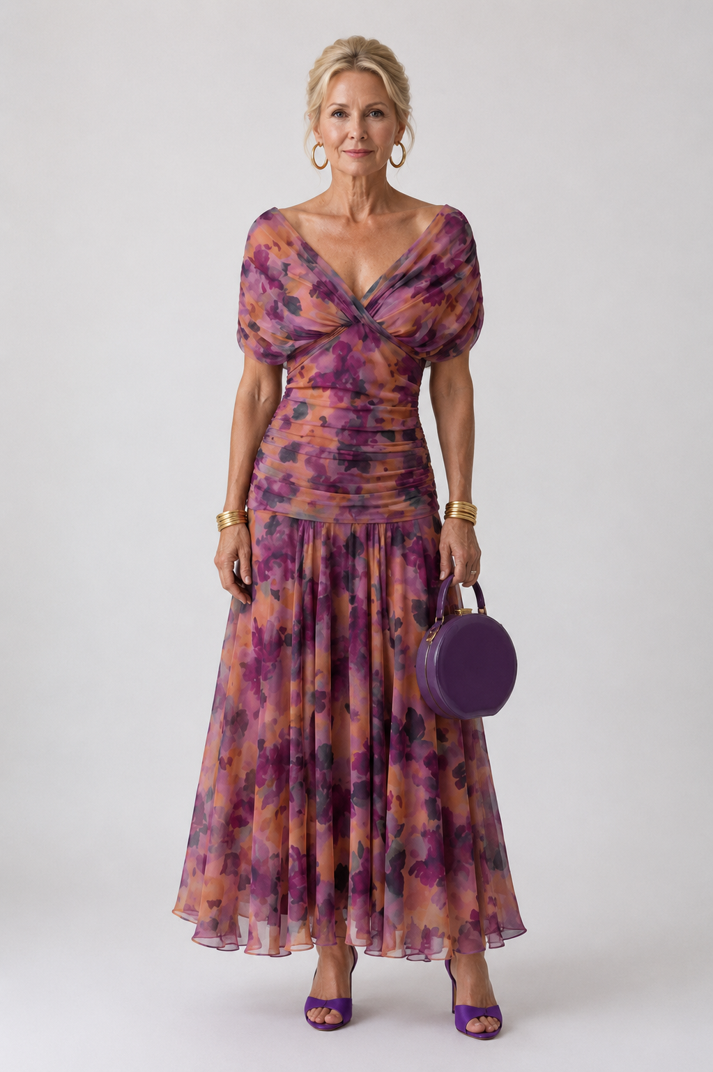 Flow midi dress in purple floral print, full-length front view with flared skirt