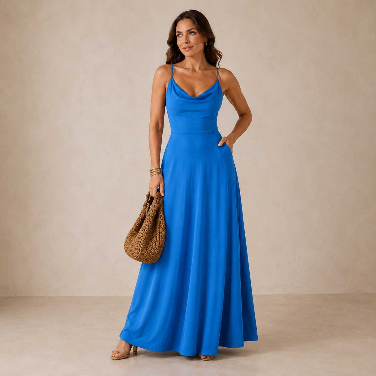 Liora cowl-neck maxi dress in bright blue with draped neckline