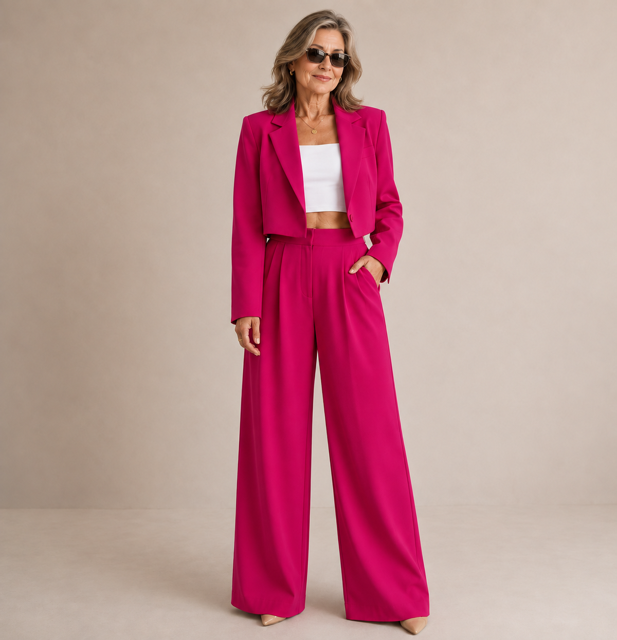 Elfrida cropped trouser suit in pink, full-length front view