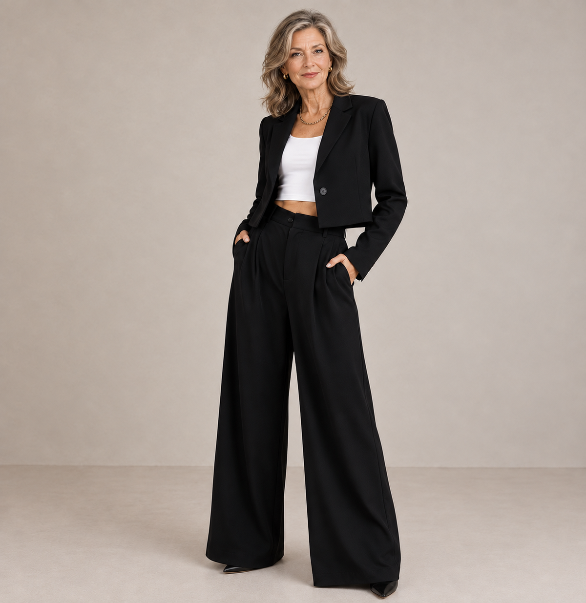 Elfrida cropped trouser suit in black, full-length front view