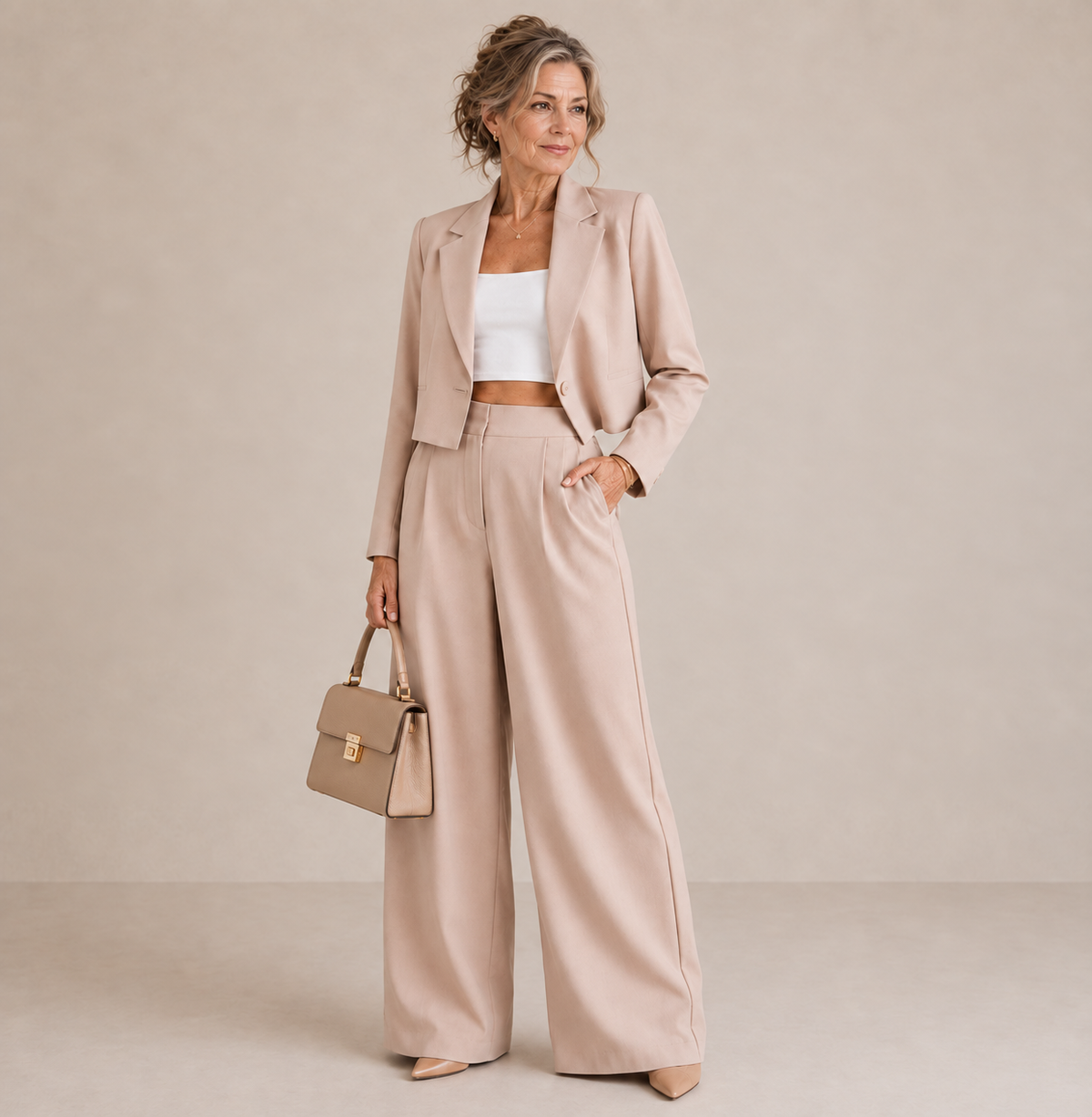 Elfrida cropped trouser suit in beige, full-length front view