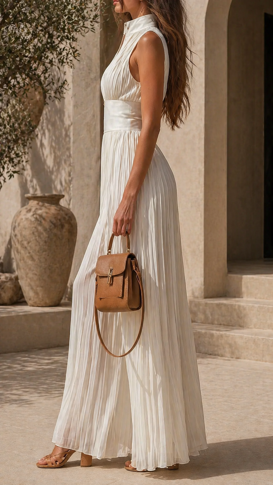 Caelia pleated jumpsuit in white, side view showing wide legs