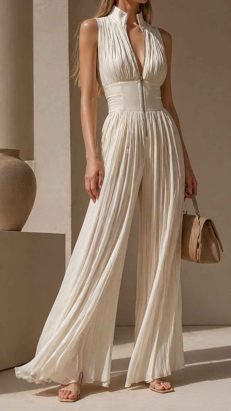 Caelia pleated jumpsuit in white, full-length front view