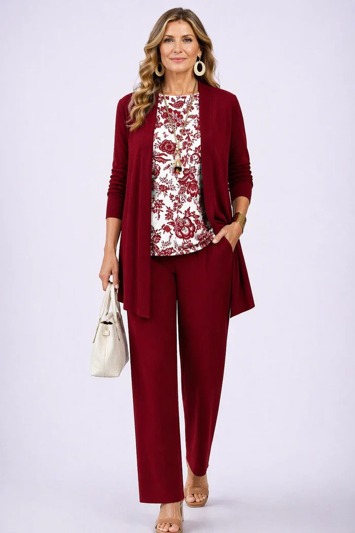 Margaret three-piece set in deep red with floral inner top, full-length view