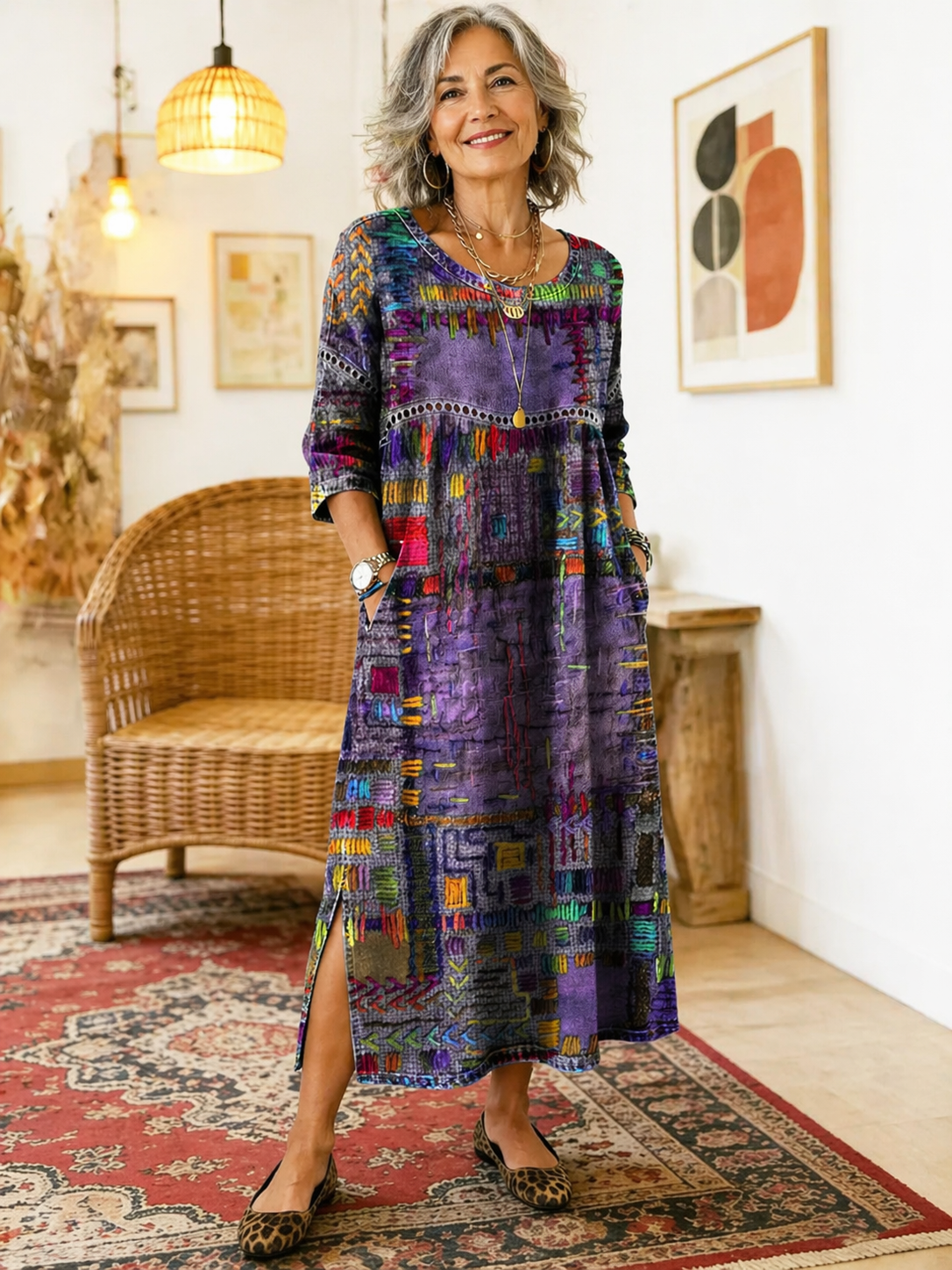 Eliana printed midi dress in purple, full-length front view