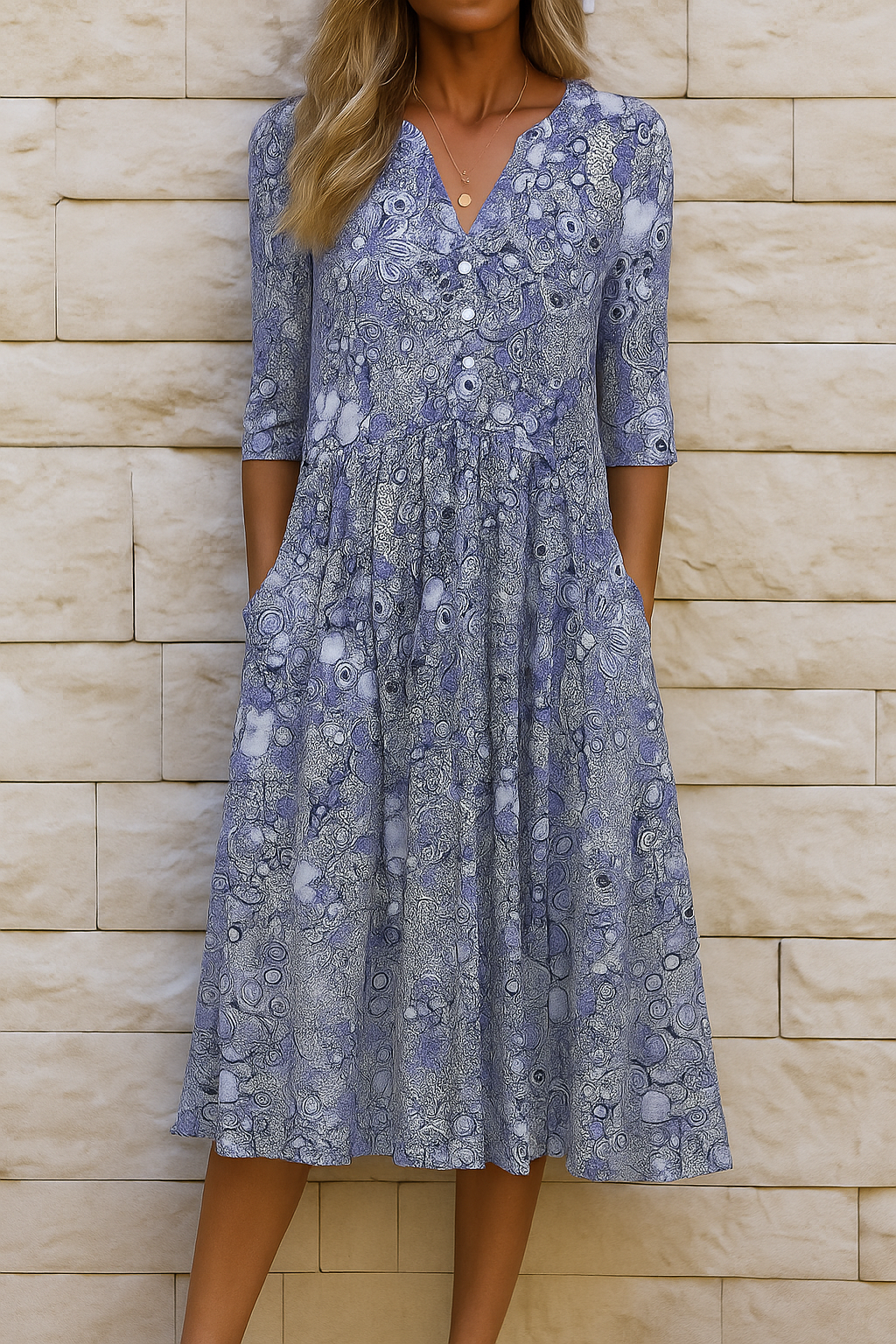 Constance V-neck printed midi dress in blue, front view