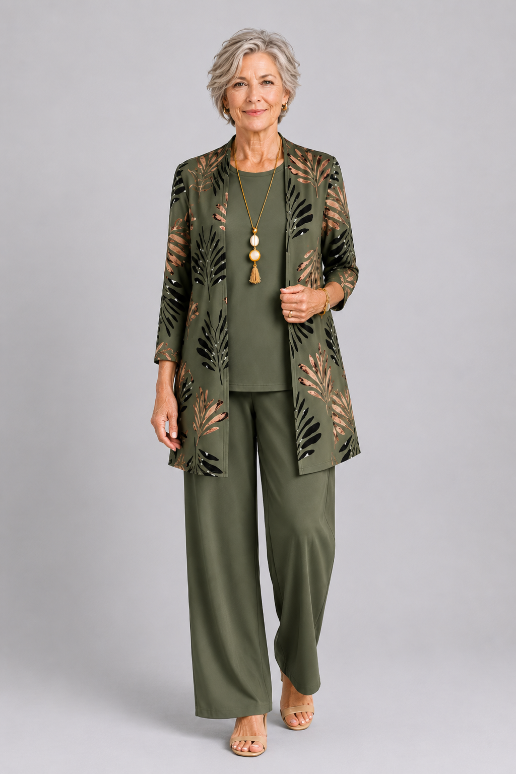 Margaret three-piece set in olive green with leaf-print cardigan, full-length front view