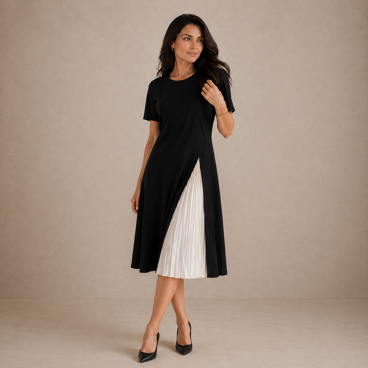 Liora pleated panel midi dress in black with cream pleats