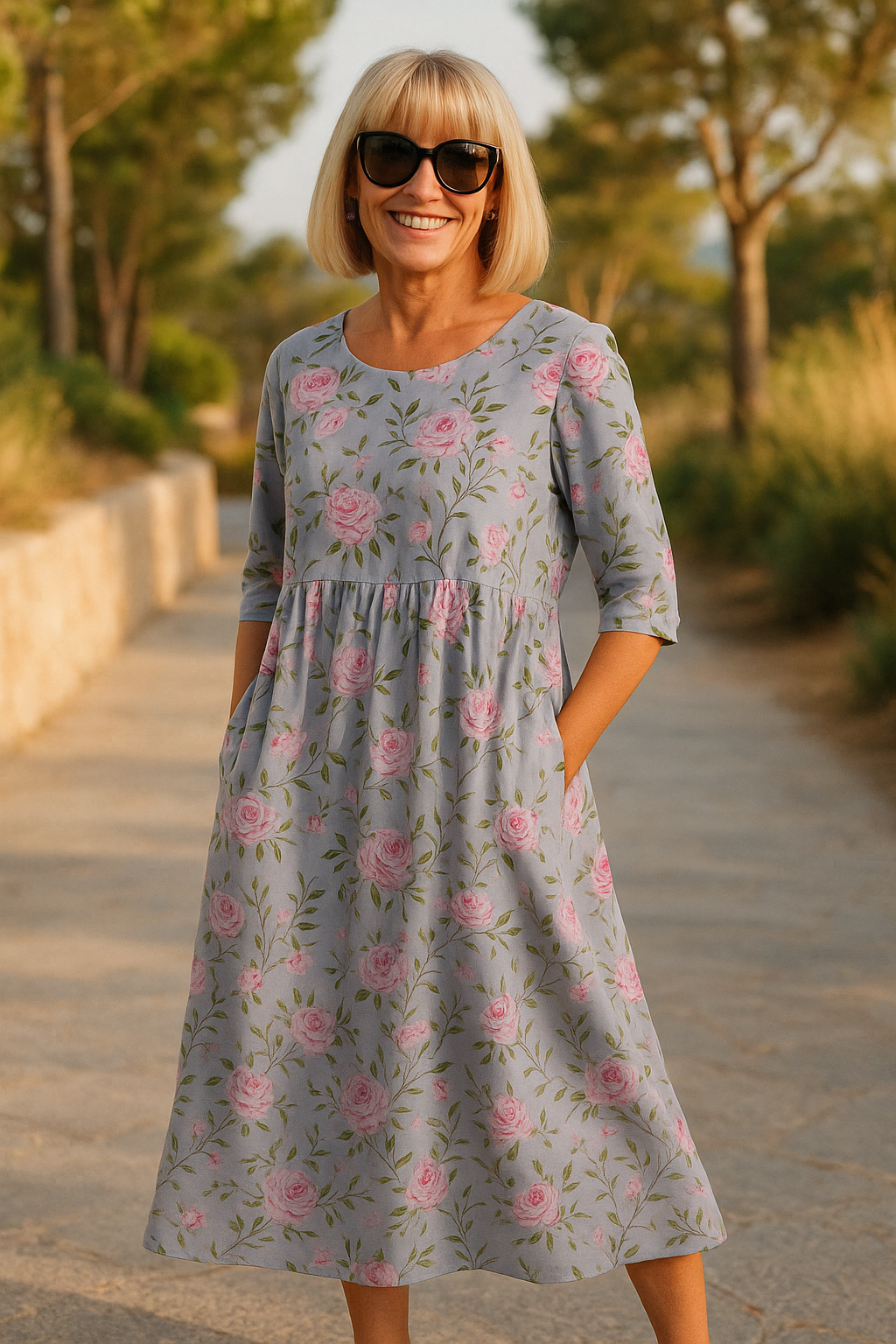 Elize relaxed midi dress in dusty lilac rose print, front view