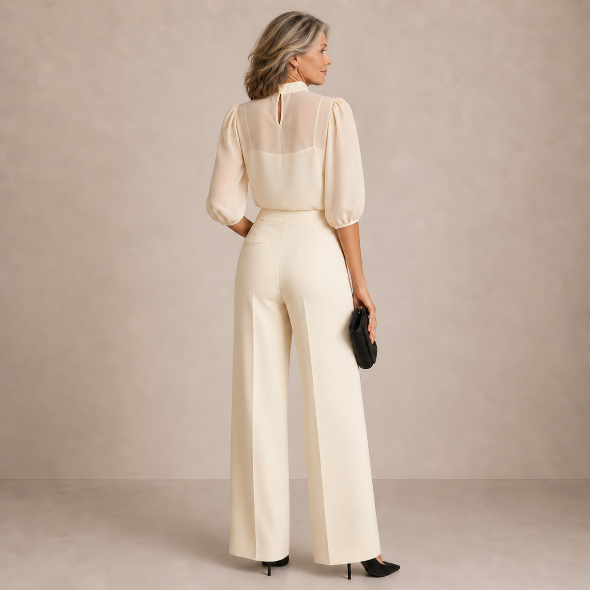Lenora three-piece set in cream, full-length back view