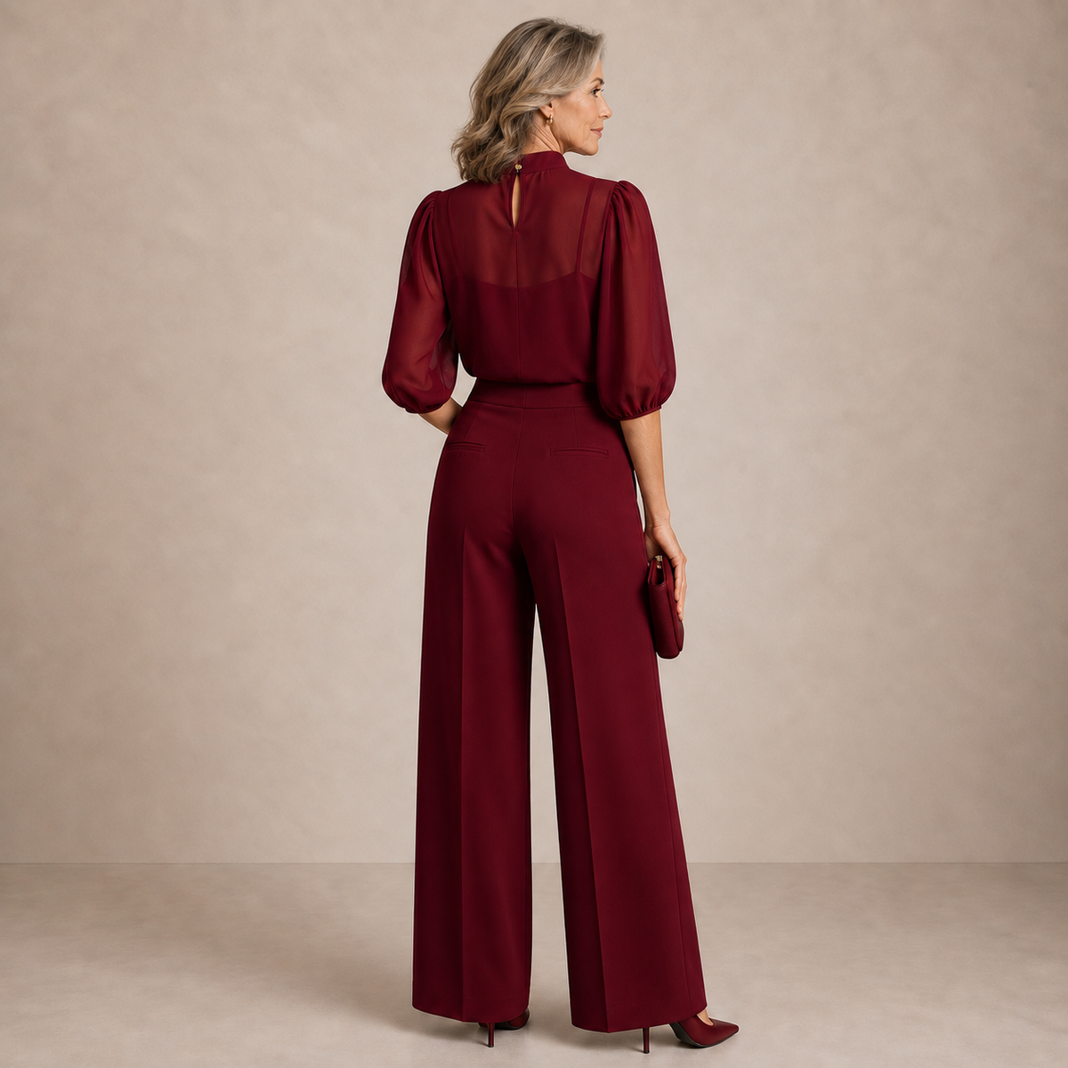 Lenora three-piece set in burgundy, full-length back view