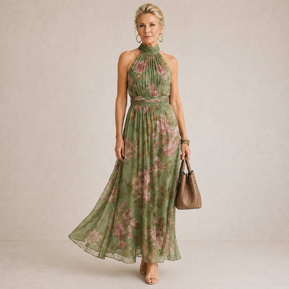 Liora halter floral maxi dress in sage green with pink roses