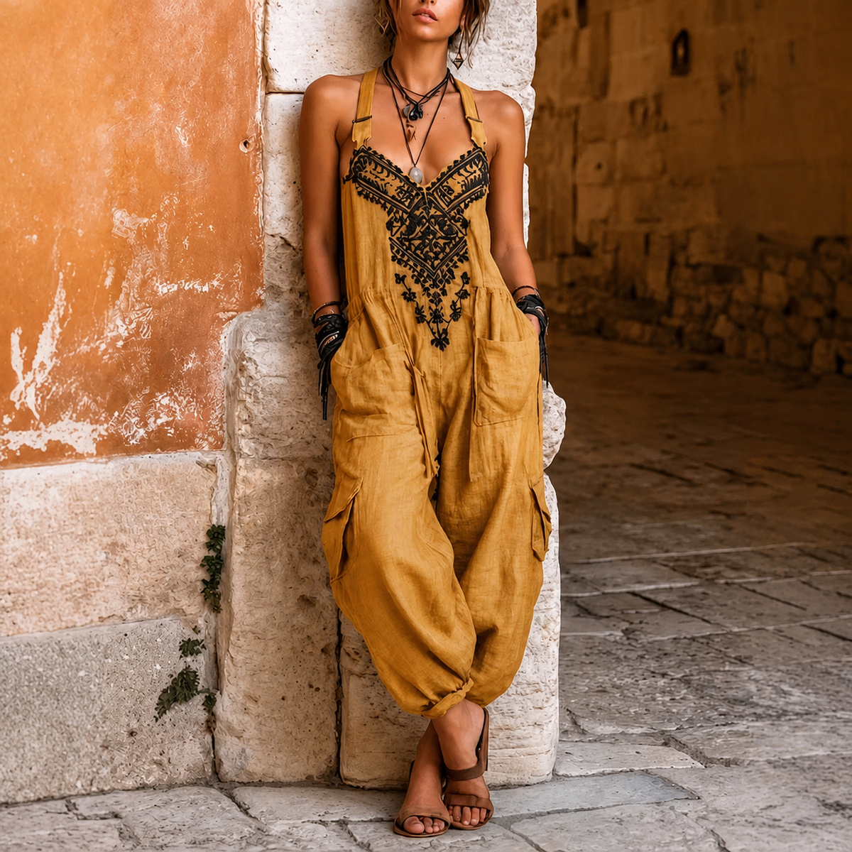 Willa embroidered boho jumpsuit in yellow, full-length front view
