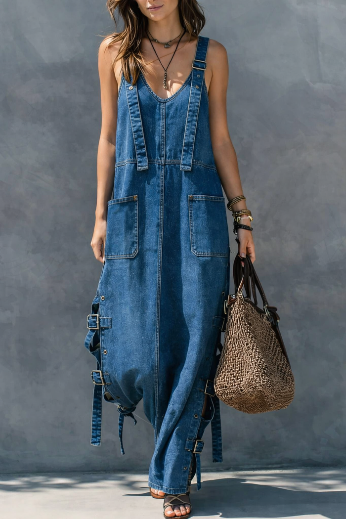Harper denim jumpsuit in blue, full-length front view with buckled straps