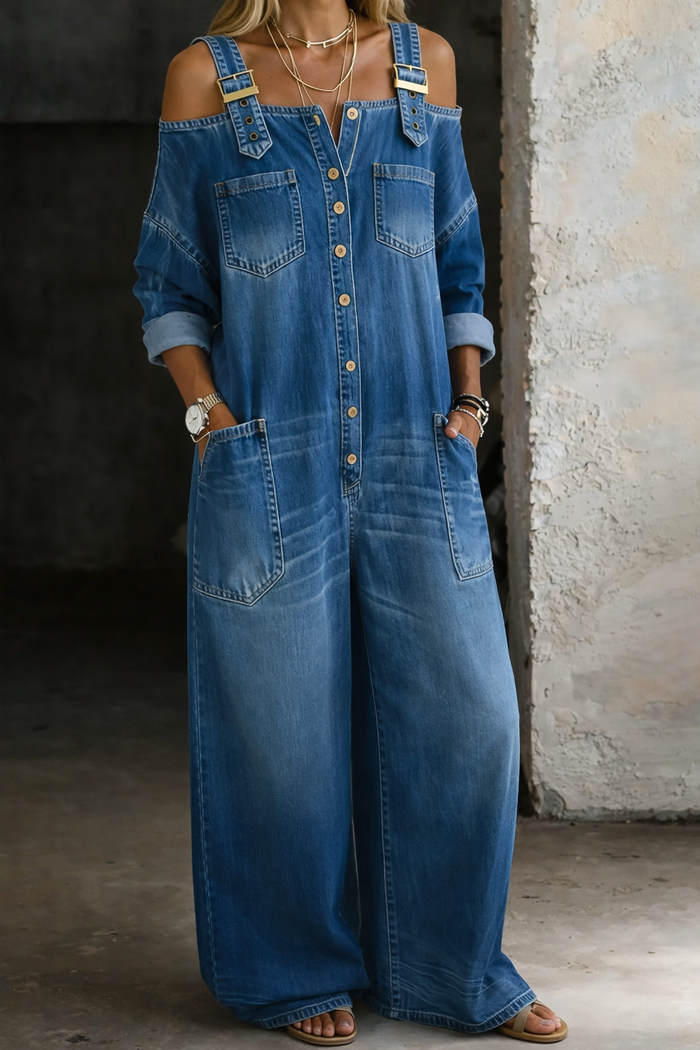 Sophia off-shoulder denim jumpsuit in mid blue, full-length front view