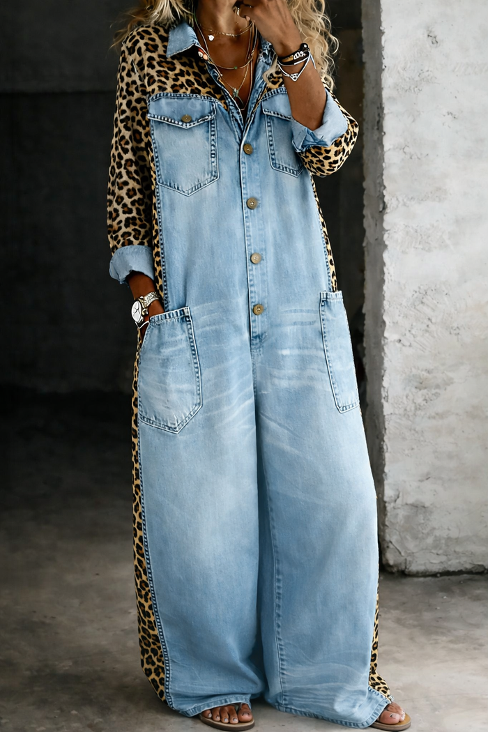 Amanda denim shirt jumpsuit in light blue with leopard print panels, full-length front view
