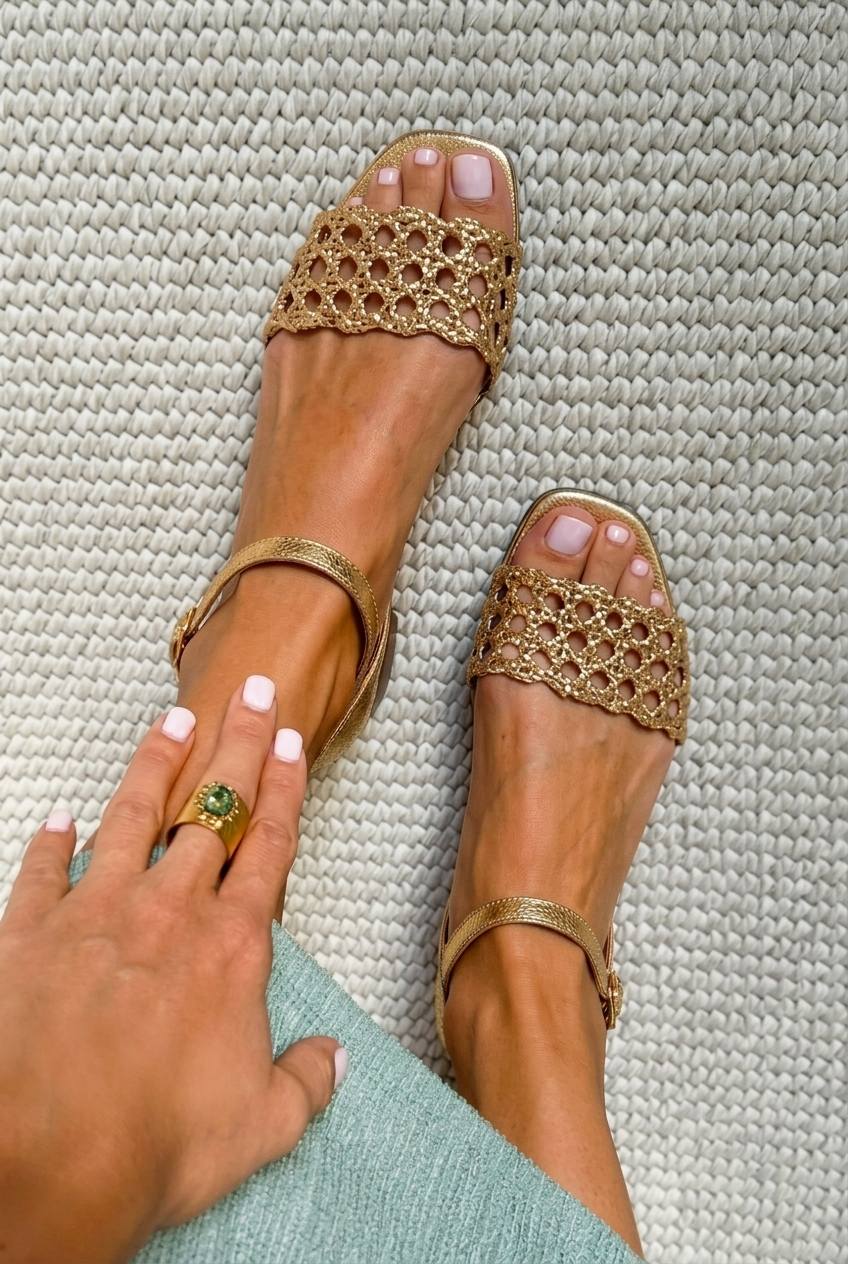 Gold metallic woven flat sandals with square toe, worn close-up top view