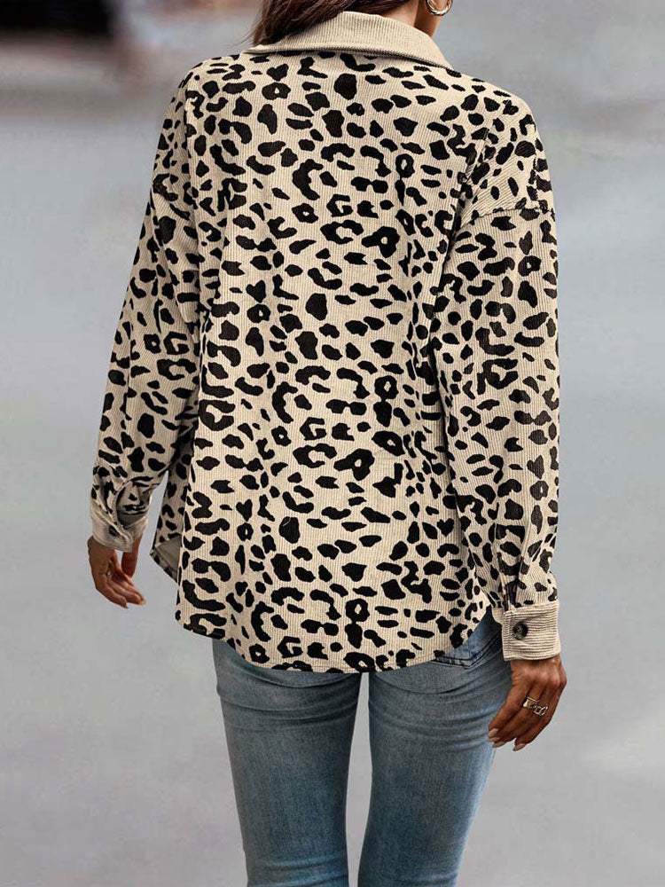 Cynara leopard print jacket in cream, back view showing curved hem