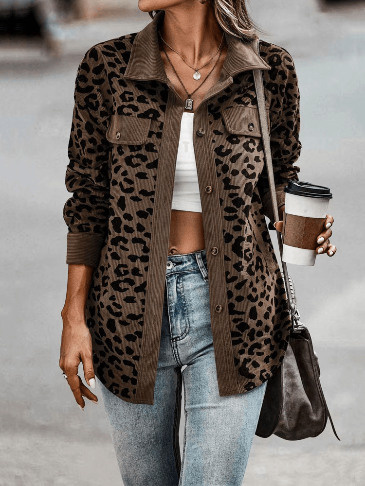 Cynara leopard print jacket in brown, front view worn open