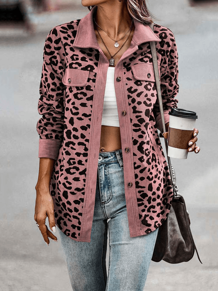 Cynara leopard print jacket in pink, front view with button placket