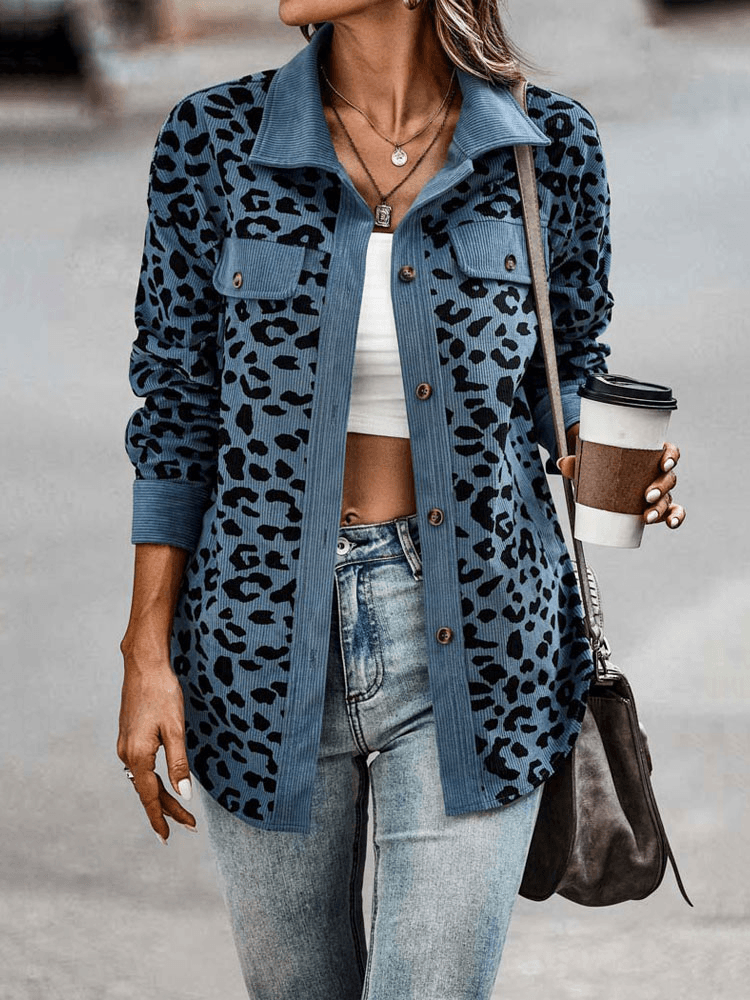 Cynara leopard print jacket in blue, front view with chest pockets