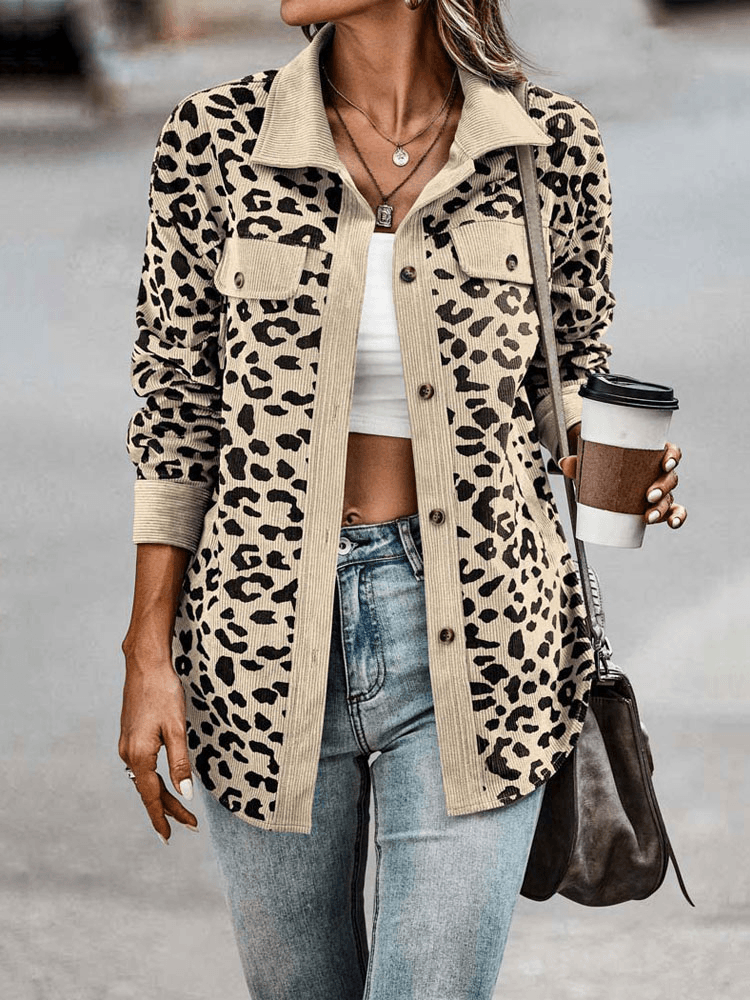 Cynara leopard print jacket in cream, full front view with jeans