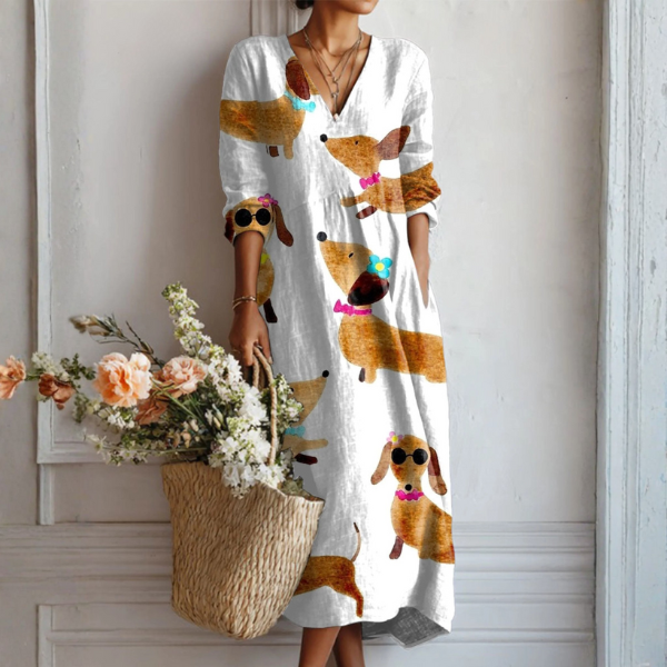 Clara linen dress in white with tan dachshund print, full-length front view