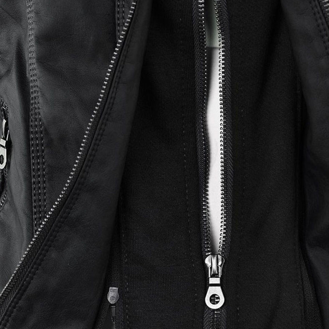 Cynthia hooded biker jacket in black, close-up of layered front zips