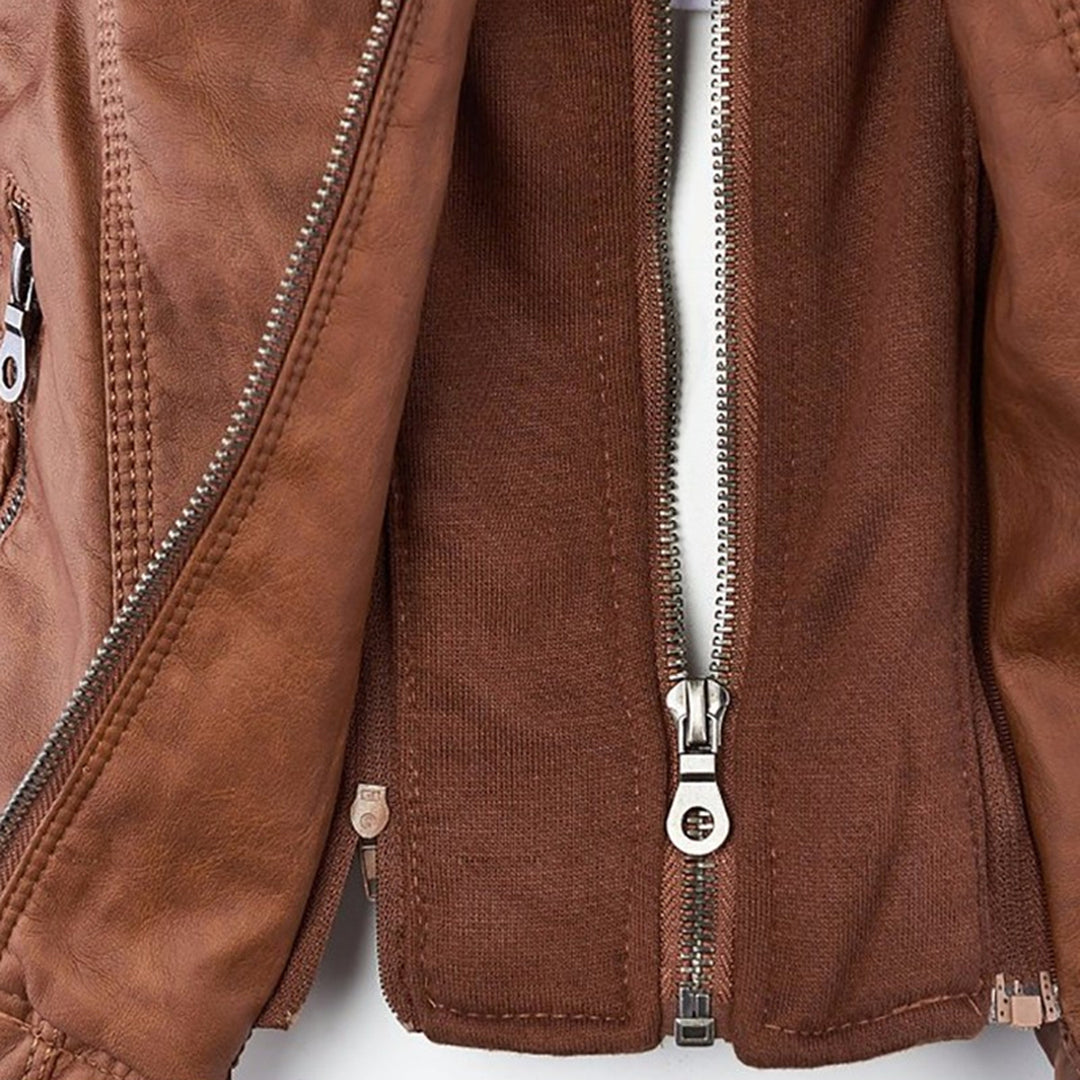 Cynthia hooded biker jacket in tan, close-up of layered front zips