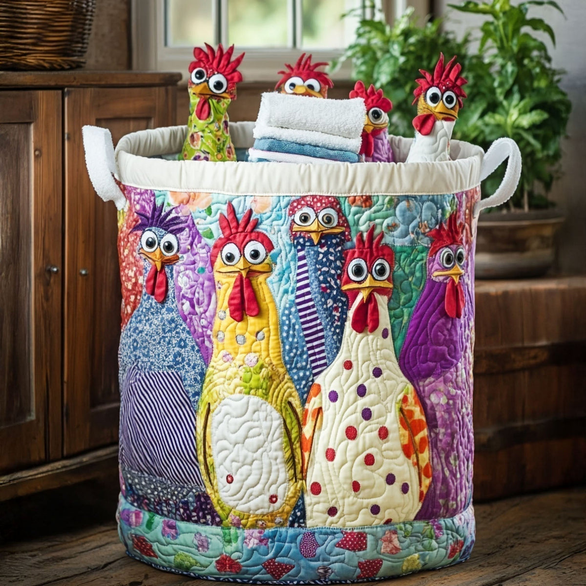 Clara hand-quilted laundry basket with colourful hen print and folded towels