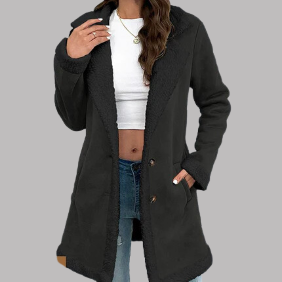 Marcelline sherpa coat in black, full front view